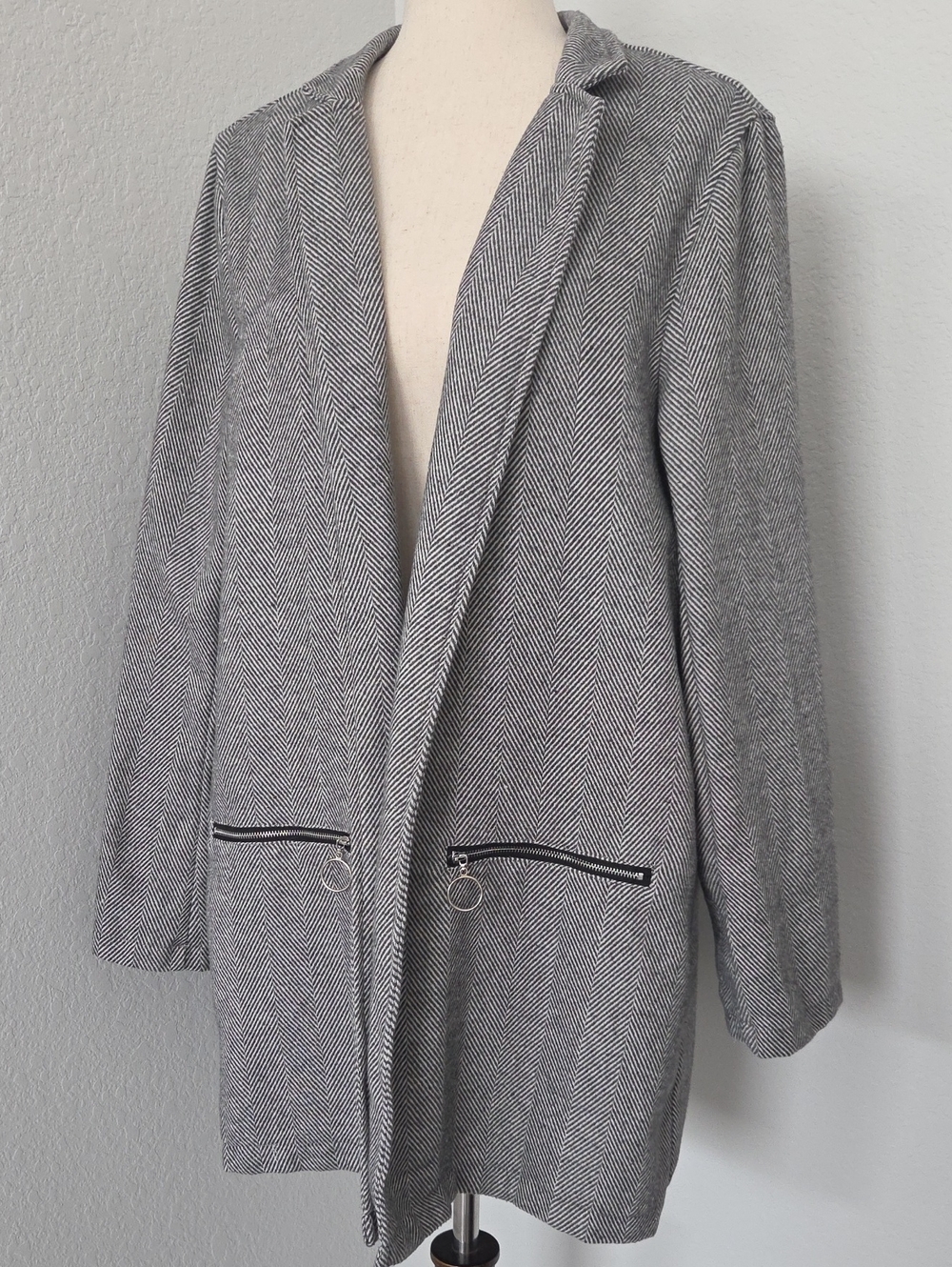 Gray Herringbone Open-Front Women's Blazer Jacket Unbranded Made In China Large
